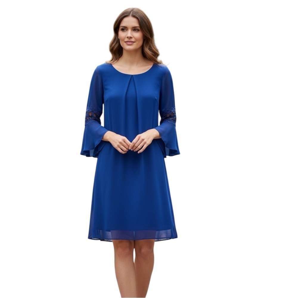 By & By cobalt blue dress, bell sleeves and‎ crochet detailing, Size Medium